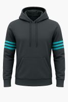 Custom Unisex Charcoal Gray Hooded Sweatshirt with Turquoise Triple Sleeve Stripes Premium Cotton Blend Modern Fit For Adults