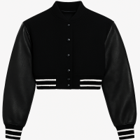 Women Cropped Varsity Jacket with Solid Black Color Streetwear Bomber in Wool And Genuine Leather