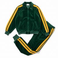 Latest Retro green velour tracksuit set with yellow stripes zip up jacket and pants vintage style sportswear OEM wholesale
