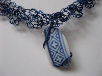 Blue & white broken china pendant with blue wire crocheted chain