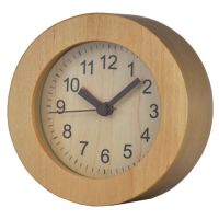 Handmade Classic Small Round Wood Silent Desk Alarm Clock with Desk Lamp for Home