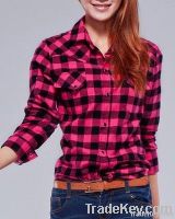 Women Red black Plaid Blouse, Lady Casual Pink shirt