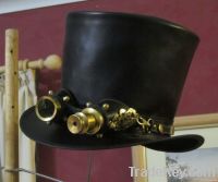 Genuine Black Leather Steampunk Top Hat with Aviator goggles