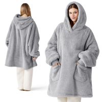 Oversized Wearable Cozy Sherpa Hoodie Blanket with Handy Pockets and Closed Cuff