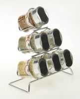 7pc Oval Shape Glass Cruet Spice Jar Set on Chrome Rack w. Dual Flip L