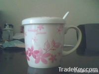 porcelain decal mug with lid and spoon