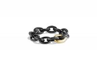 Gold Plated Mens Curb Chain Black Leather Bracelet