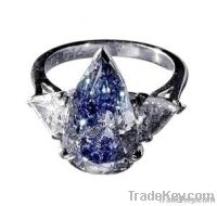 Blue pear & trillion diamonds 1.65 cts. ring 3-stone
