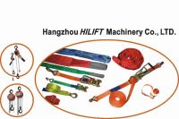 Flat webbing sling, round sling, ratchet tie down.