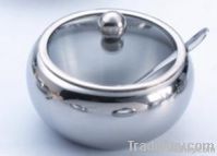 stainless steel sugar bowl with glass lid and spoon