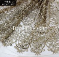 Gold embroidered flow with almond tulle  high quality french lace fabric home textile fabric