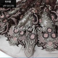 Big flower multicolored  embroidered tulle lace fabric