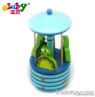 wooden music box with frog