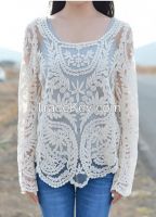 New tops 2014 Fashion Women Lace Blouse Shirt Long Sleeve Pullover All-Matched Sexy Ladies Wear