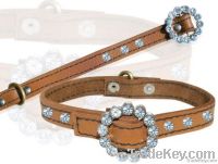 LEATHER DOG COLLAR WITH  RHINESTONE BUCKLE