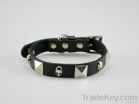 Metallic Pyramids leather dog collars black