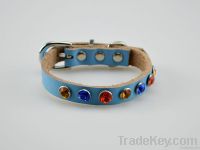Jewel leather baby blue dog collars Chinese manufacture