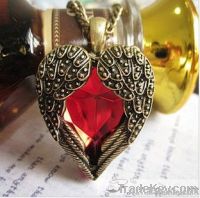 vintage heart necklace, red gemstone necklace, angle wing heart necklace