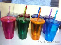 Double wall plastic tumbler with lid and straw