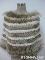 Knitted sheared rabbit fur shawl with raccoon border