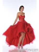 strapless red prom gown