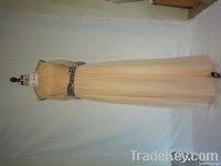 Elegant satin lace pleated sleeveness prom evening dress