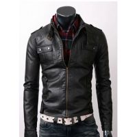 men black leather jacket,  with flap button pocket and belted collar