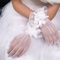 bow-knot pearl beaded short tulle wedding gloves fingerless bridal lace gloves