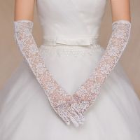 white pearl beaded satin wedding bridal gloves
