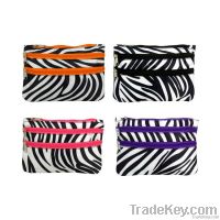 Zebra dual zipper satin cosmetic travel pouch