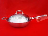 Tri-ply stainless steel wok, stainless steel cookware with cast iron handle and help handle