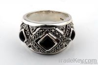 Square black sapphire marcasite ring