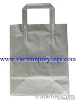 Trifold handle plastic bag with square bottom.