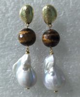 Pearl Earring with gemstone---tiger eye stone