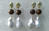 Pearl Earring With Gemstone---tiger Eye Stone