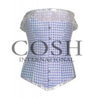 Overbust Corset With Blue And White Checked Fabric With Lace
