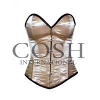 Overbust Corset In Beige Satin With Black Trims
