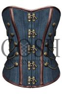 Blue Denim Corset With Brown Piping and Antique Hardware