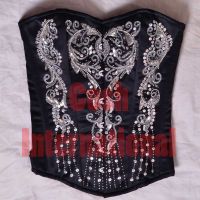 BLACK SATIN SILVER BEADED EMBROIDERY OVERBUST CORSET