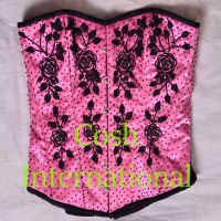 PINK SATIN BLACK BEADED COUTURE EMBROIDERY CORSET