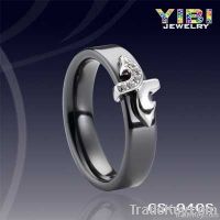 Black Ceramic Ring, Silver Ring, X Shaped Inlay Design, Fashion Wedding R