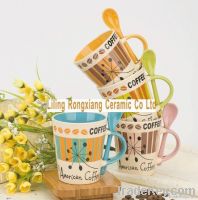 Color Glazed Ceramic Coffee mug with spoon