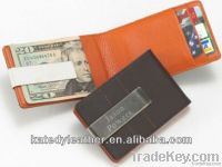 Leather silver stainless steel money clip with card slots