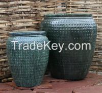 Tall Round Barrels-Large Glazed Ceramic Planters-Brown Glazed Pots