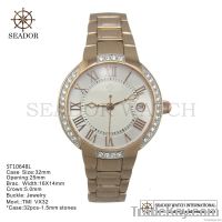 Women stainless steel round case white rhinestone watch