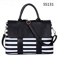 Lady's Black & White Stripe PU Handbag Shoulder Bag Messenger Bag