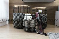 Vietnam water hyacinth round basket set with black metal frame