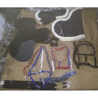 Genuine imported material status synthetic saddle set with jumping saddle pad,bareback pad,girth,colorful pvc bridle,pp bridle and breast plate,plastic stirrups and steel bits,bandages