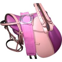 Genuine imported leather jumping horse pink saddle set with pink leather bridle,girth,leather stirrups and steel stirrups