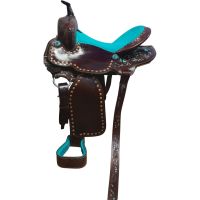 Genuine imported Leather western saddle sky blue carving with full steel fitting 